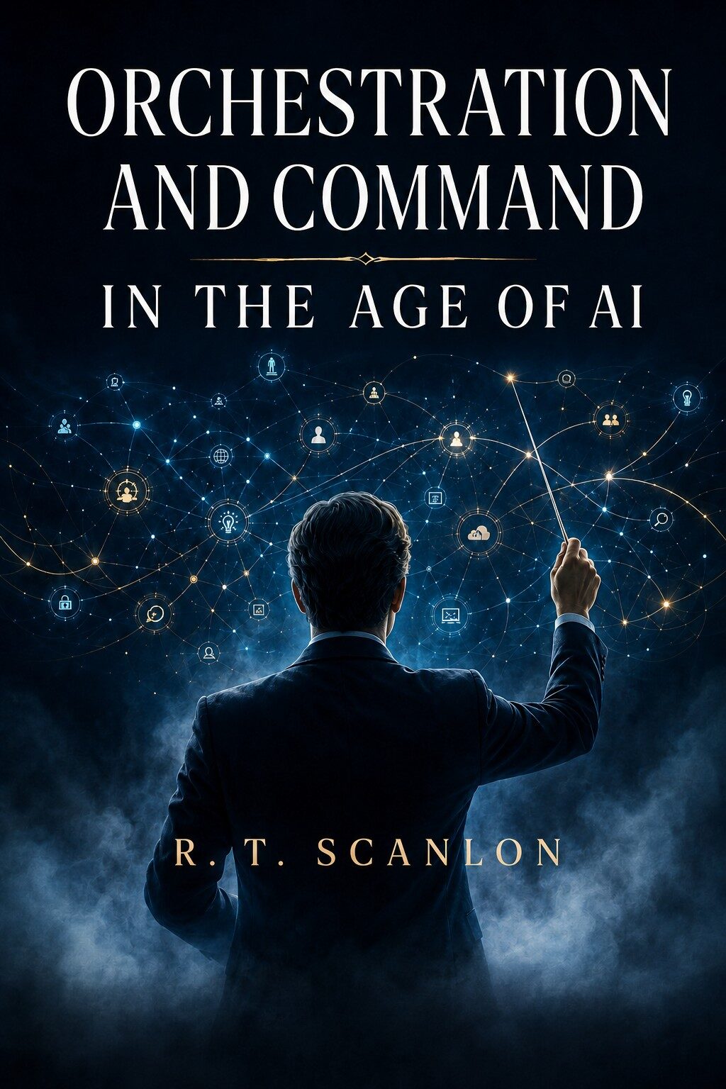Book cover of Orchestration and Command in the Age of AI by R T Scanlon, showing a figure viewed from behind raising a baton toward a network of glowing connected points, in the style of an orchestra conductor.
